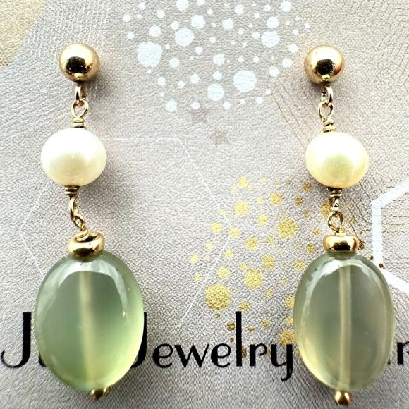 Womens Earrings 14K Yellow Gold Pearl Peridot Chandelier Drop Pierced Gift Idea - Picture 3 of 4